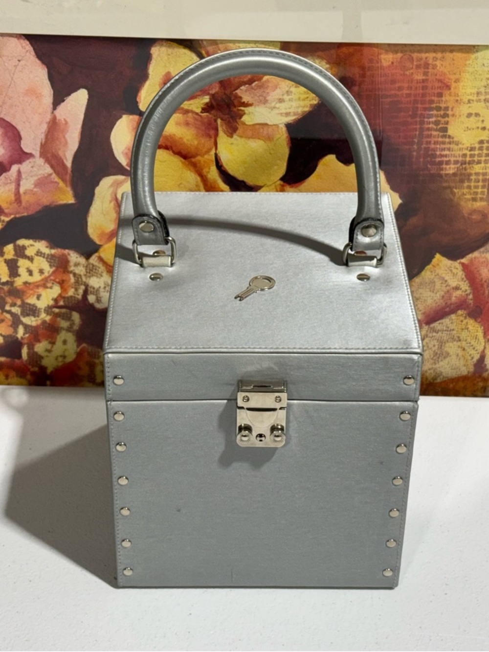Vintage Silver Satin Trunk Jewelry Box Vanity Case with Handle & Key